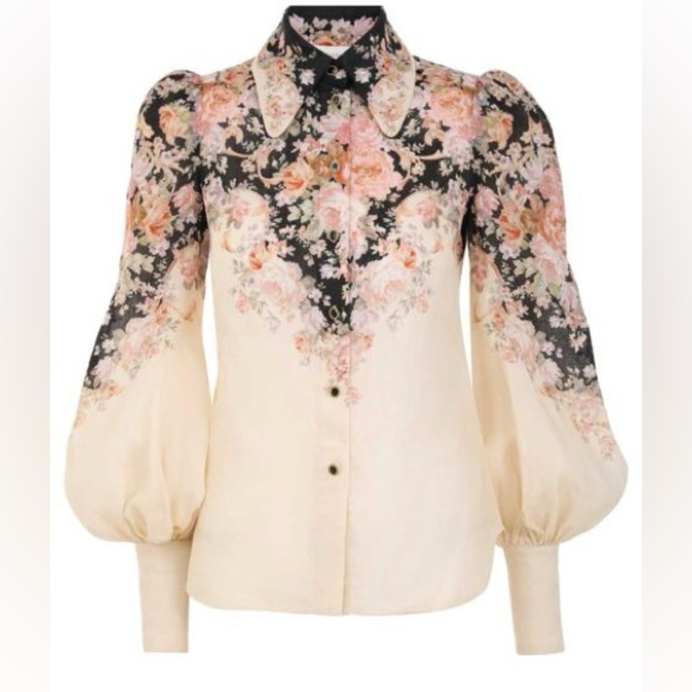 Zimmermann Illustration Body Shirt Linen Black and Cream Floral Blouse AU 1 - Picture 2 of 9